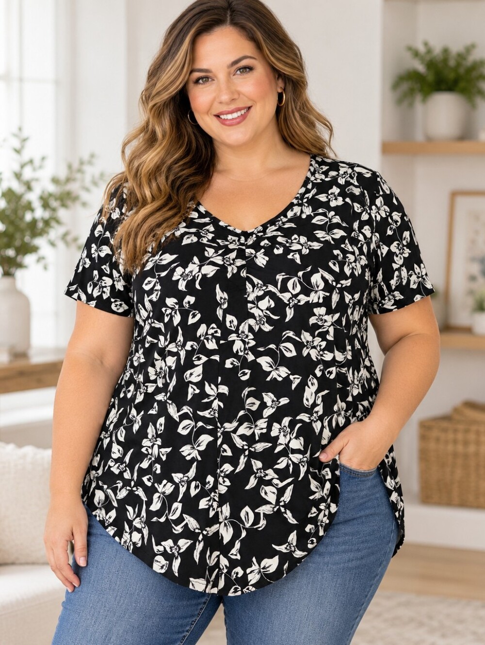 SJS Womenās 2X Black White Floral Short Sleeve Tunic Top Plus Size